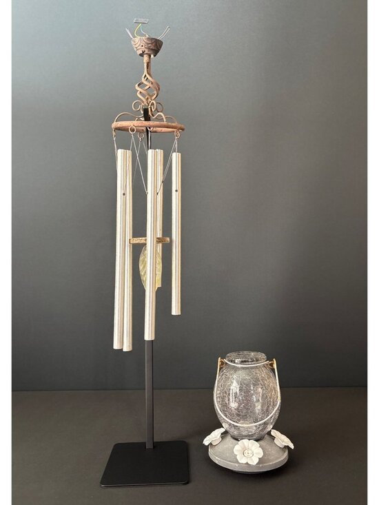 None Other - Rustic Metal Wind Chime Leaf Accent & Hummingbird Feeder Crackled Glass Decor